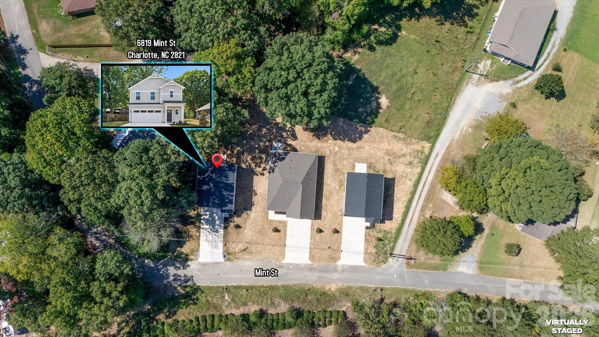 Aerial view of 6819 Mint Street, marked by a red pin among mature trees, with an inset of the two-story home.