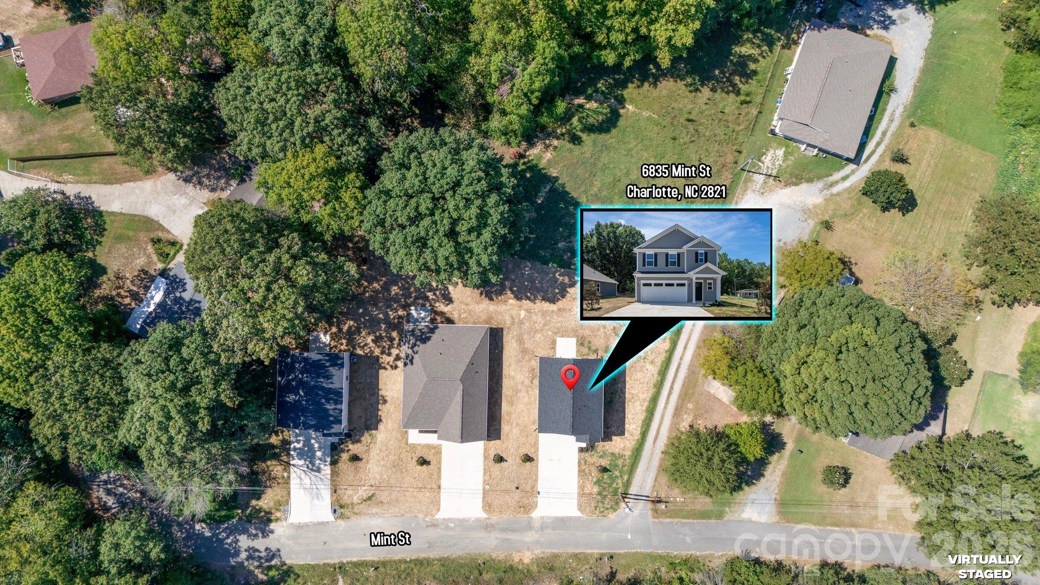 Aerial view of the Mint Street property, marked with a red pin and an inset of a virtually staged two-story house.