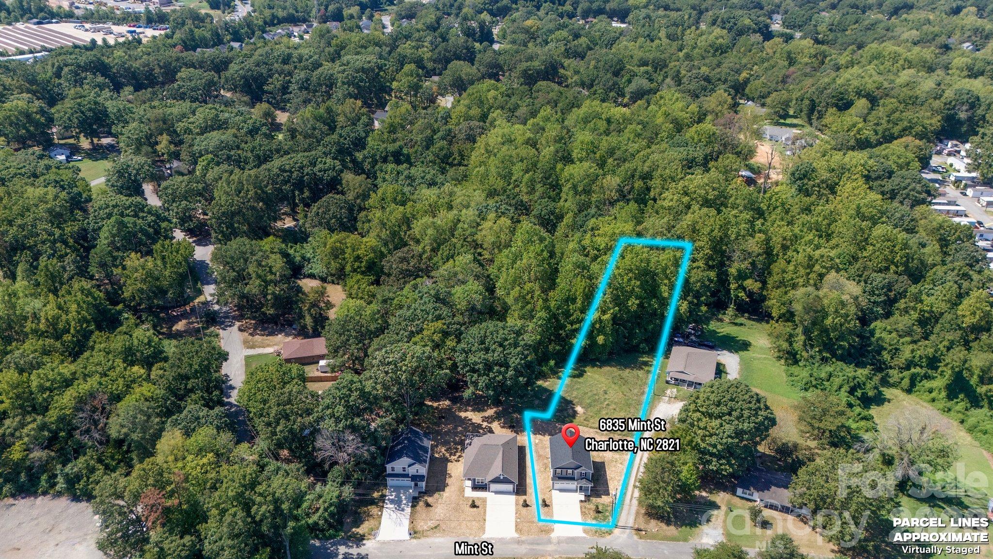 Aerial view of a wooded parcel outlined in blue, with a house near Mint Street.