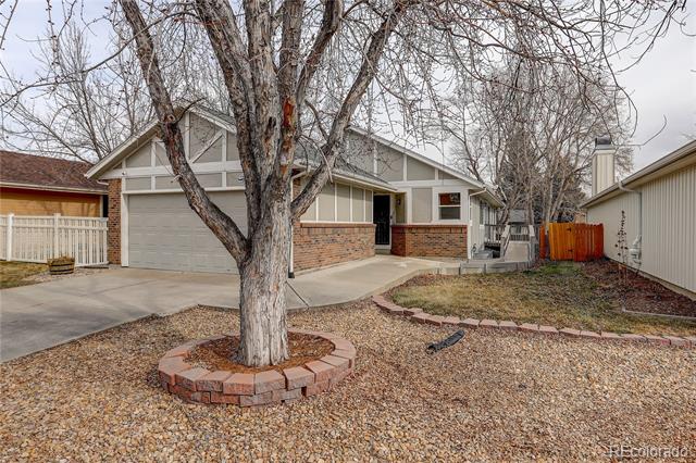 Single-story house with a two-car garage, brick accents, and a large leafless tree in the gravel yard.