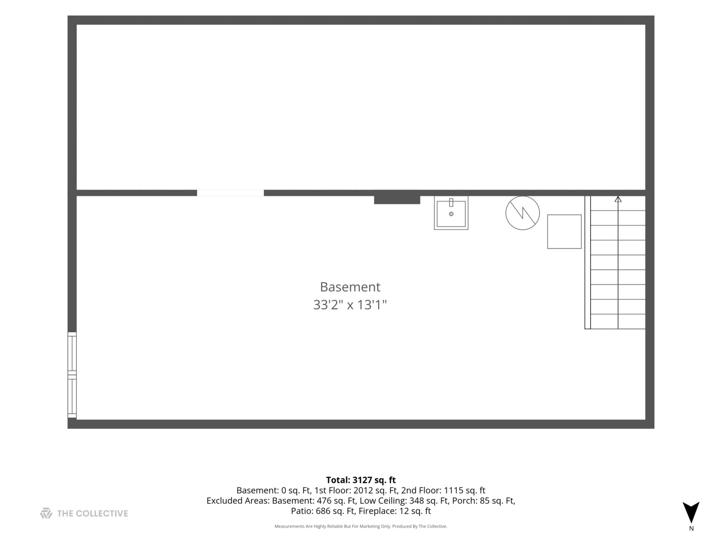 Basement floor plan with a large open area, stairs, and dimensions of 33 feet 2 inches by 13 feet 1 inch.