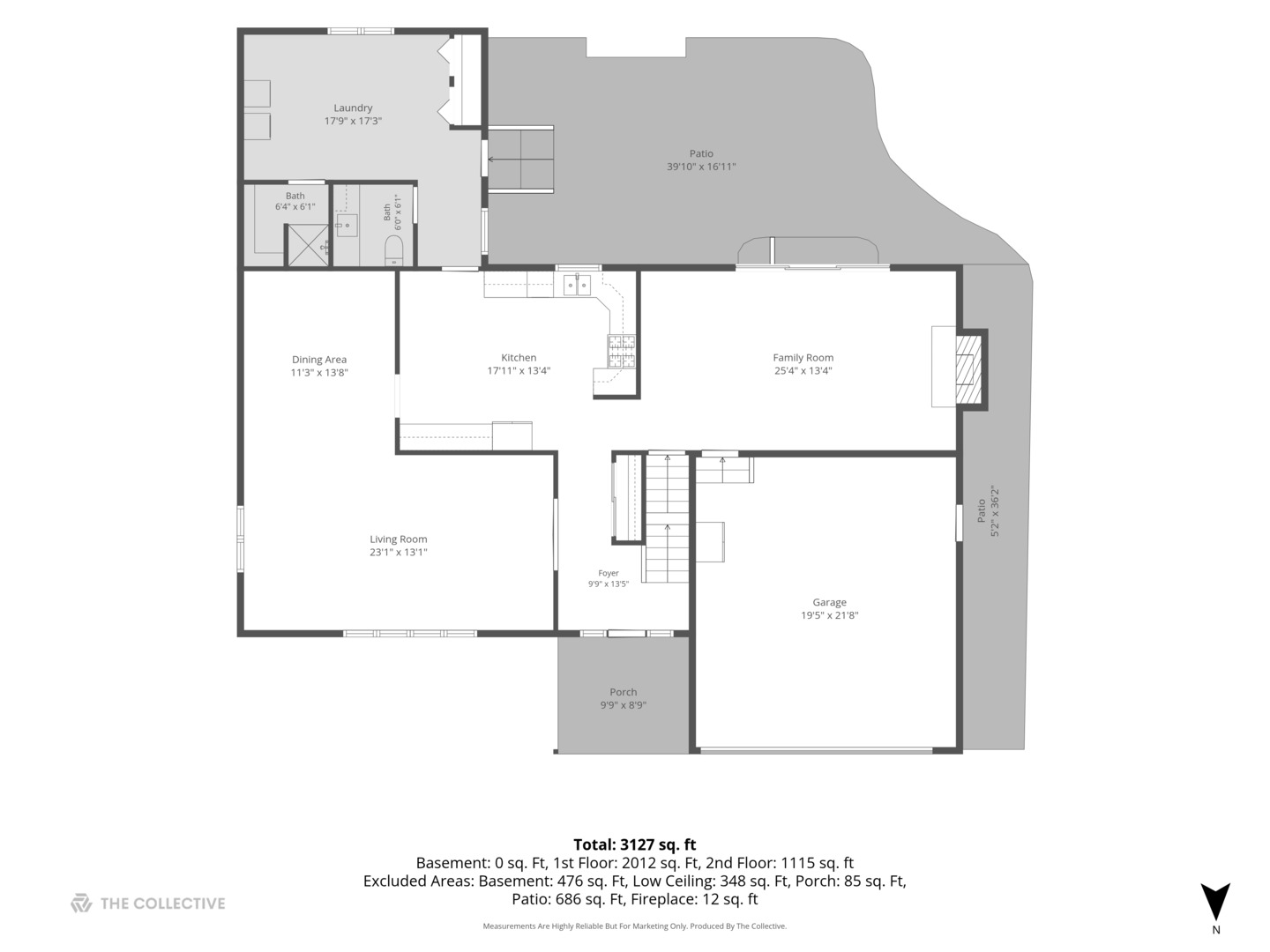 First-floor plan showing living and dining rooms, kitchen, family room, garage, and patios.