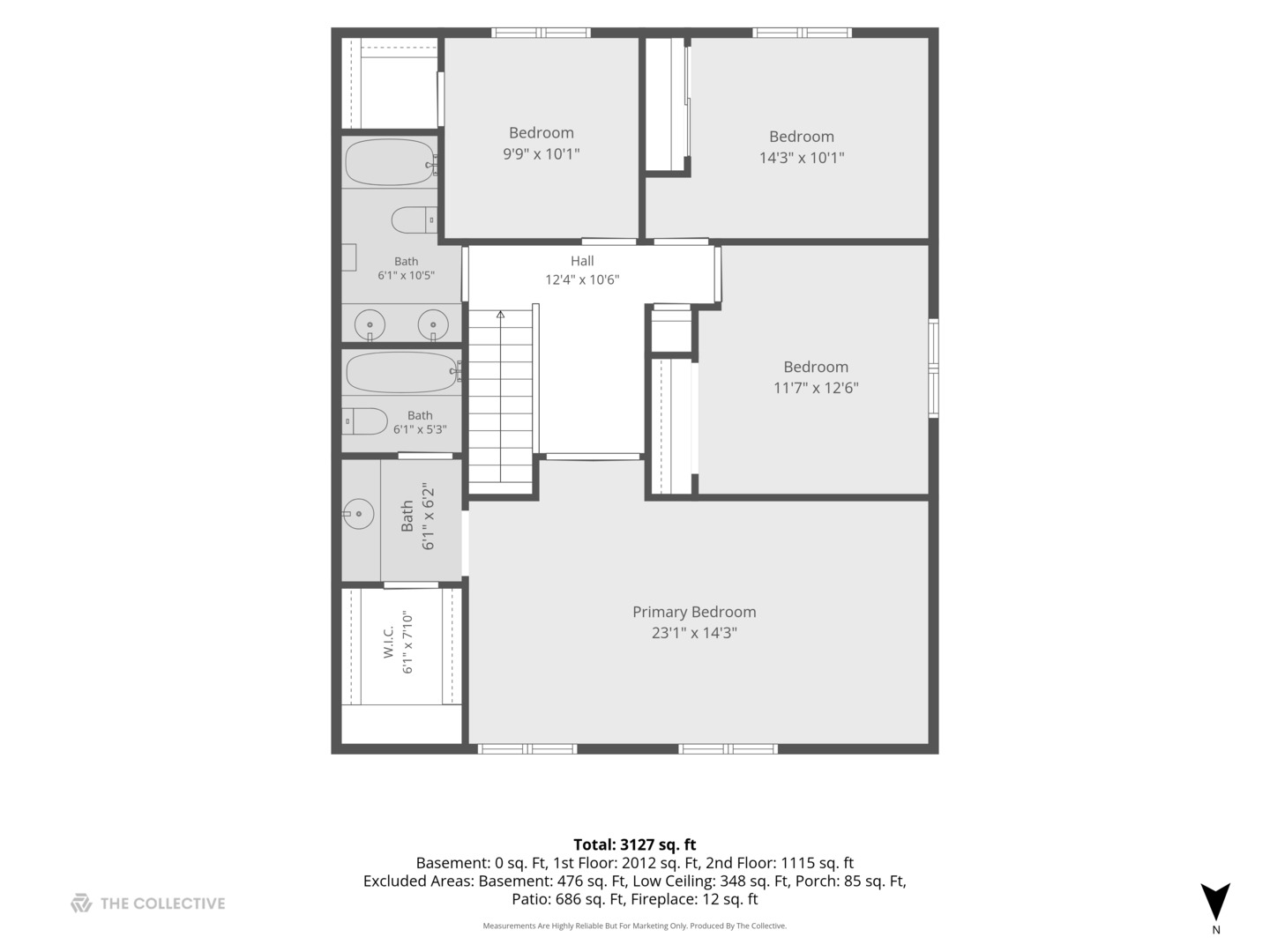 Second-floor plan with a primary bedroom, three bedrooms, three bathrooms, and a walk-in closet.