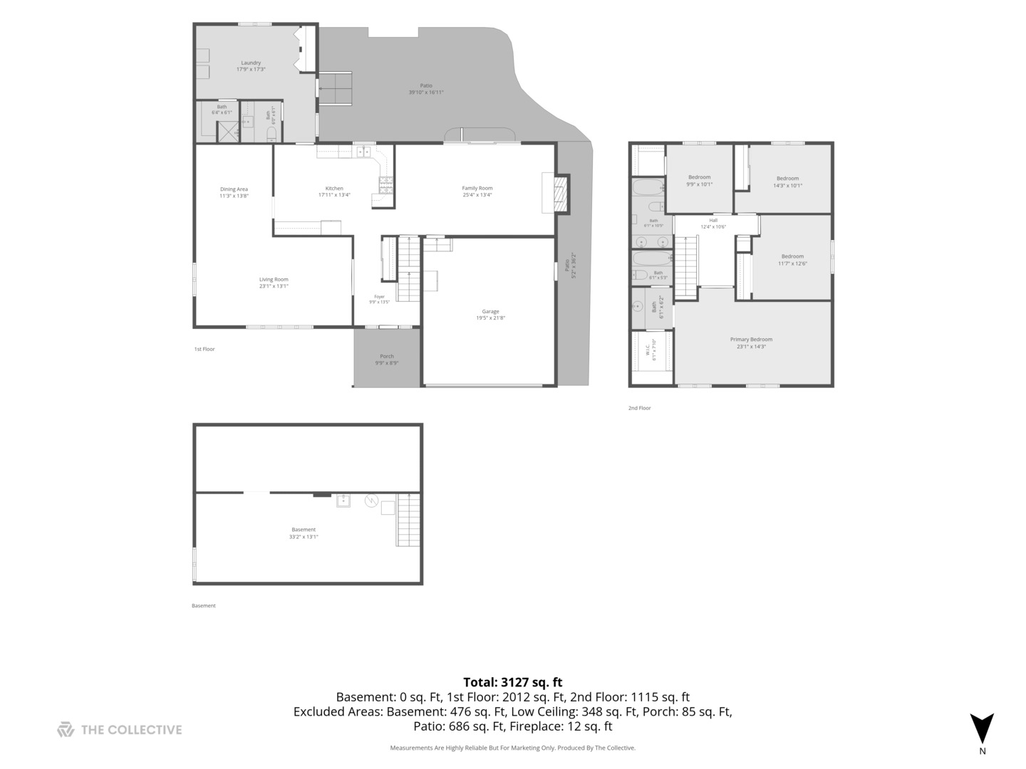 Floor plan showing the first floor, second floor, and basement, with room labels and a total of 3,127 square feet.