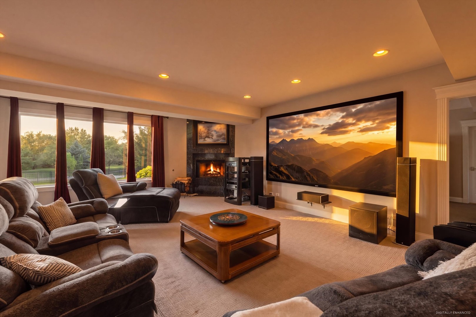 Furnished media room with a large wall-mounted screen, fireplace, and windows overlooking greenery.