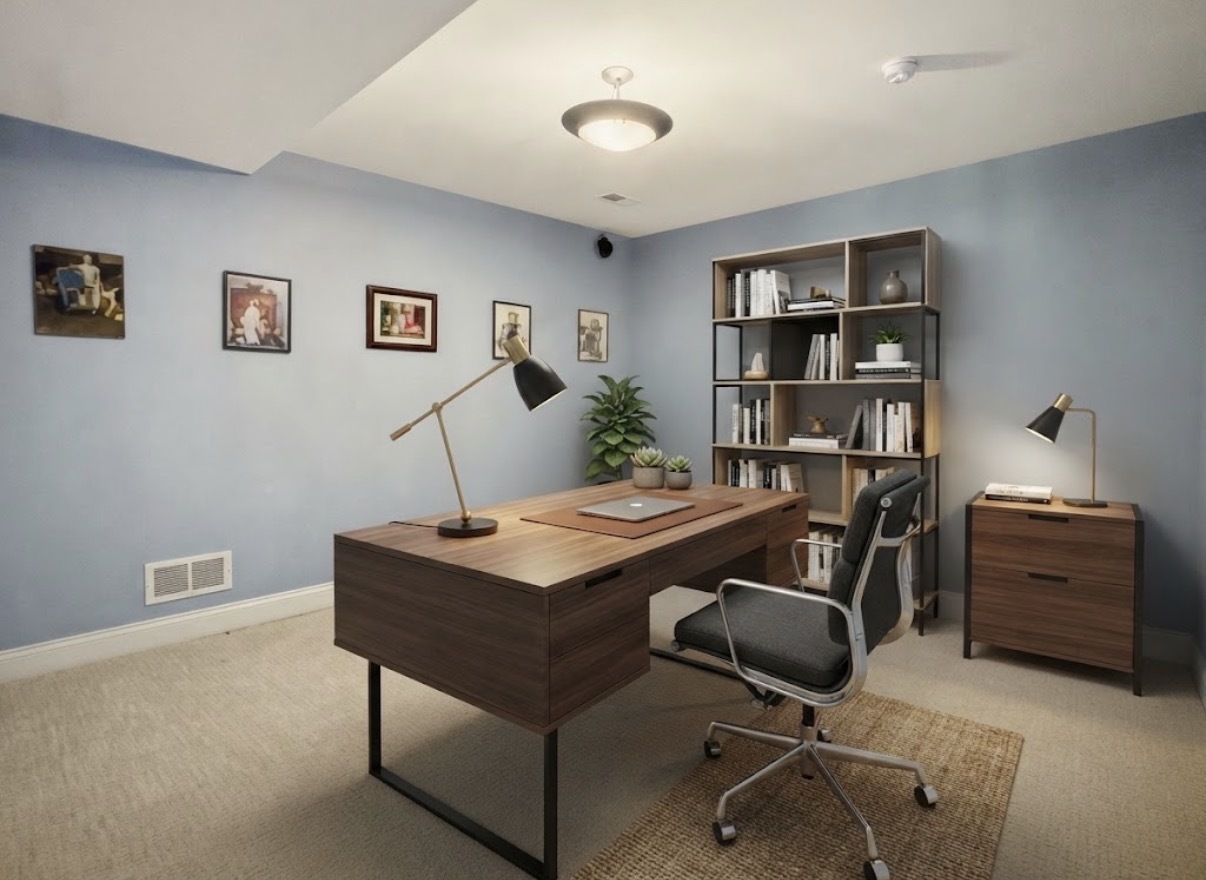 Furnished home office with a large wood desk, gray chair, and open shelving.