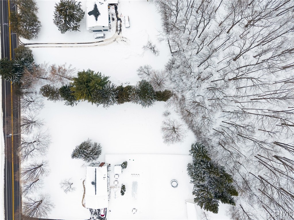 Aerial view of a snow-covered property bordered by a road and leafless trees.