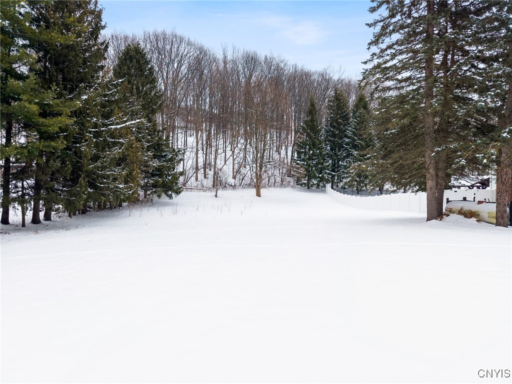 Snow-covered yard bordered by trees, with a white fence and part of a structure at right.