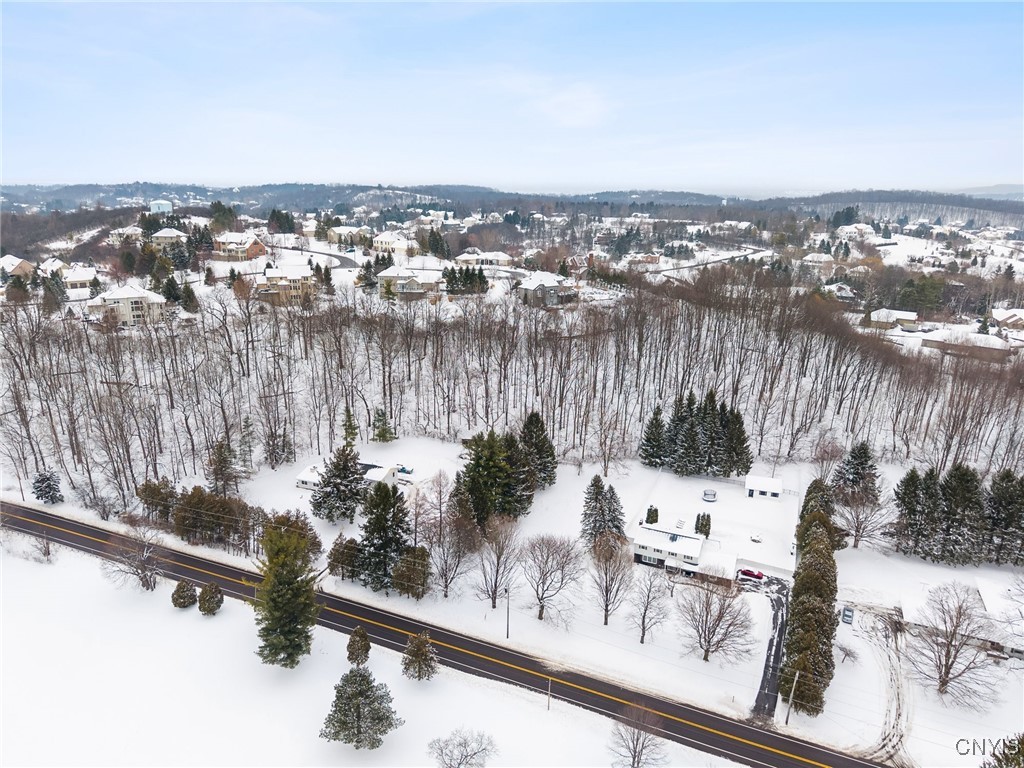 Snow-covered home and driveway beside a road, surrounded by evergreens and leafless woods.
