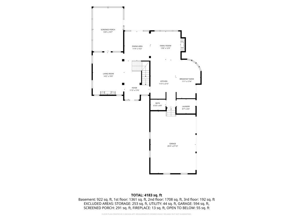 First-floor home plan with a screened porch, open living areas, kitchen, laundry, and attached garage.