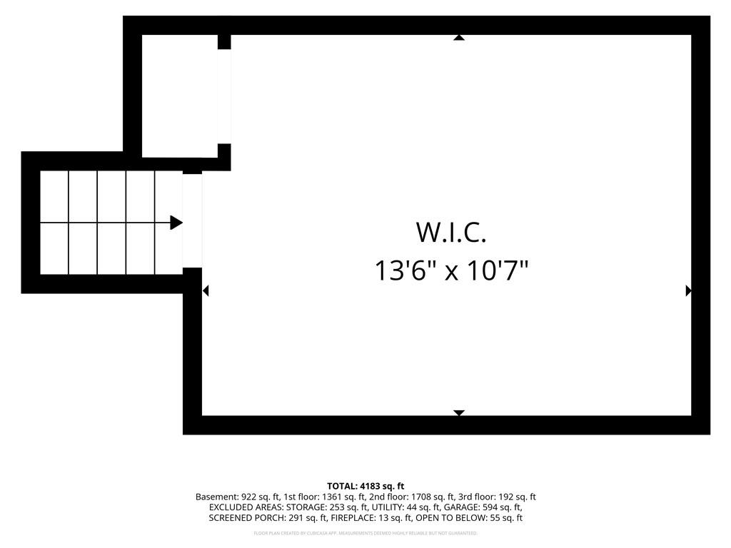 Walk-in closet floor plan labeled 13 feet 6 inches by 10 feet 7 inches, with a staircase at left.