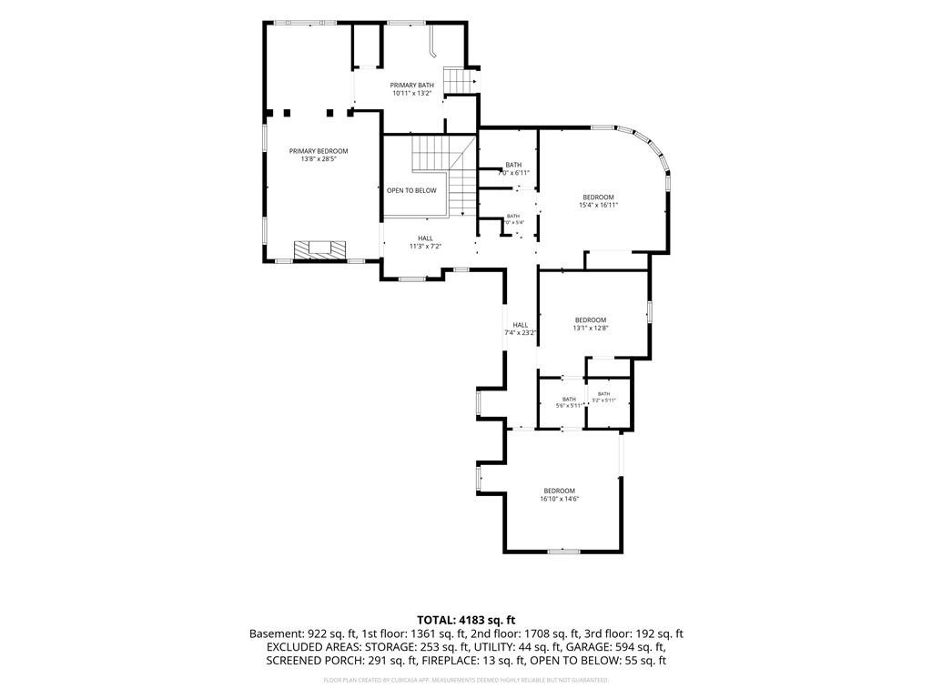 Multi-level home floor plan with bedroom and bathroom layouts and a total area of 4,183 square feet.