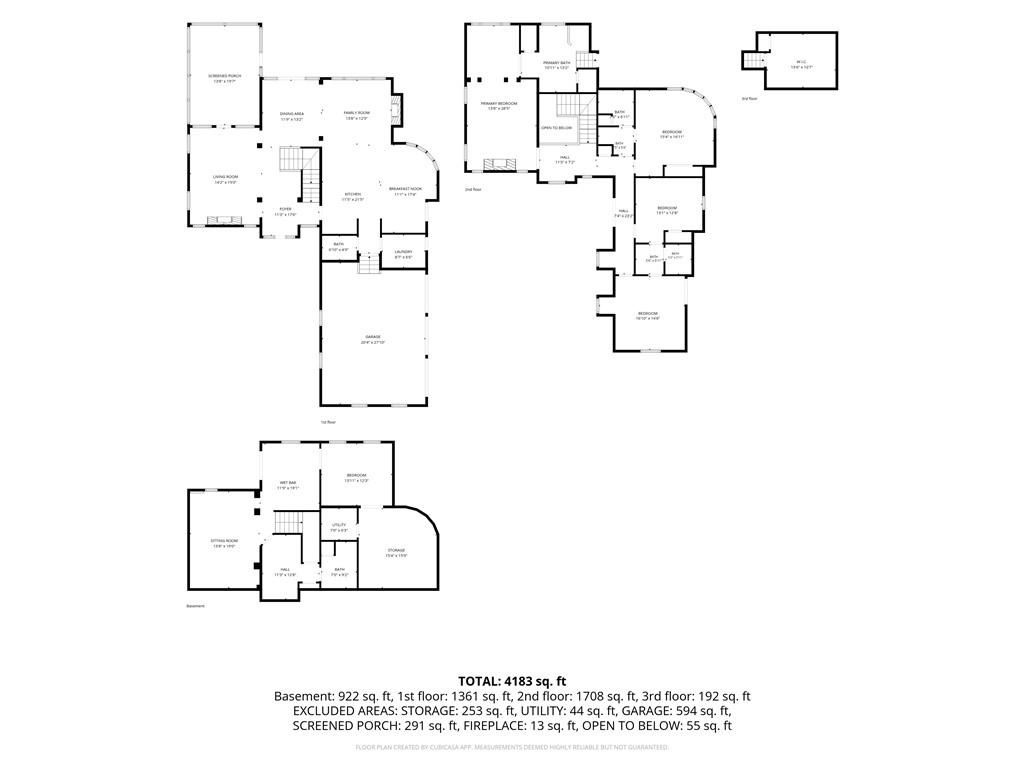 Four-level home floor plan with room layouts and a stated total area of 4,183 square feet.