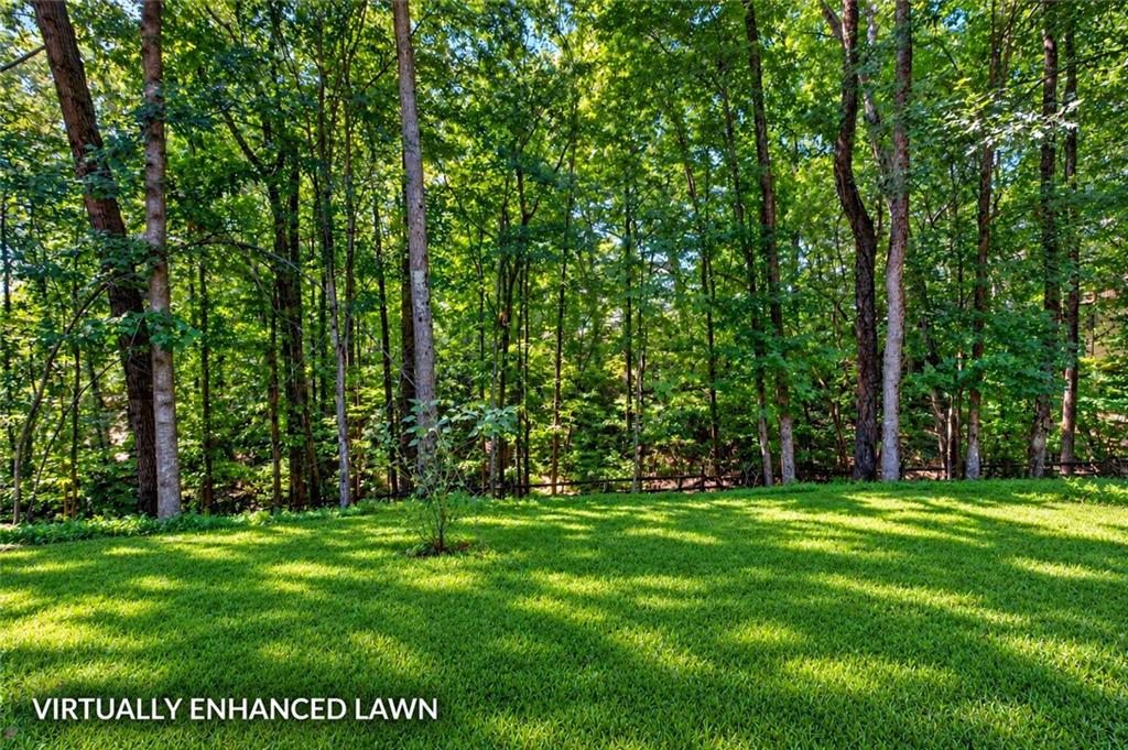 Green lawn bordered by mature trees and woodland, labeled as virtually enhanced.
