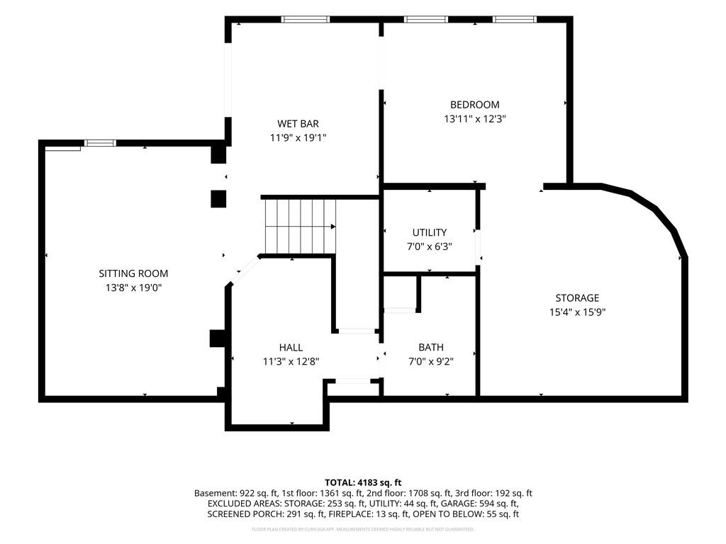 Floor plan showing a sitting room, wet bar, bedroom, utility room, bath, hall, and storage area.