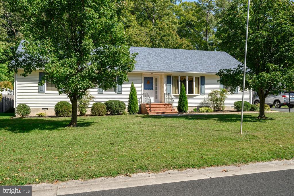 Single-story white home with brick steps, a broad lawn, and mature trees.