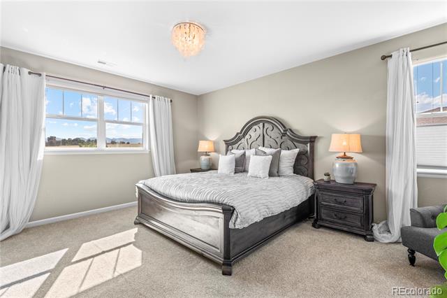 Bedroom with an ornate dark wood bed, white bedding, and tall windows overlooking the landscape.