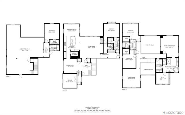 Three-level floor plan with recreation room, living and dining areas, office, bedrooms, and family room.
