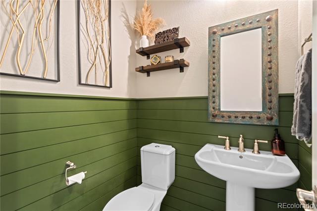 Bathroom with green paneling, a white pedestal sink, and a large metal-framed mirror.