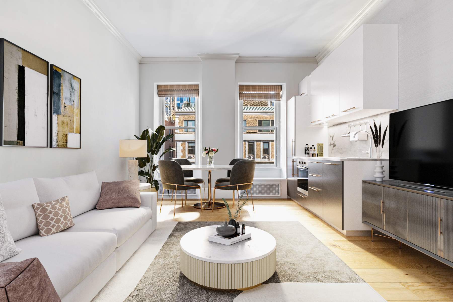 Open-plan apartment living room with a white sofa, dining table, and contemporary kitchen by large windows.