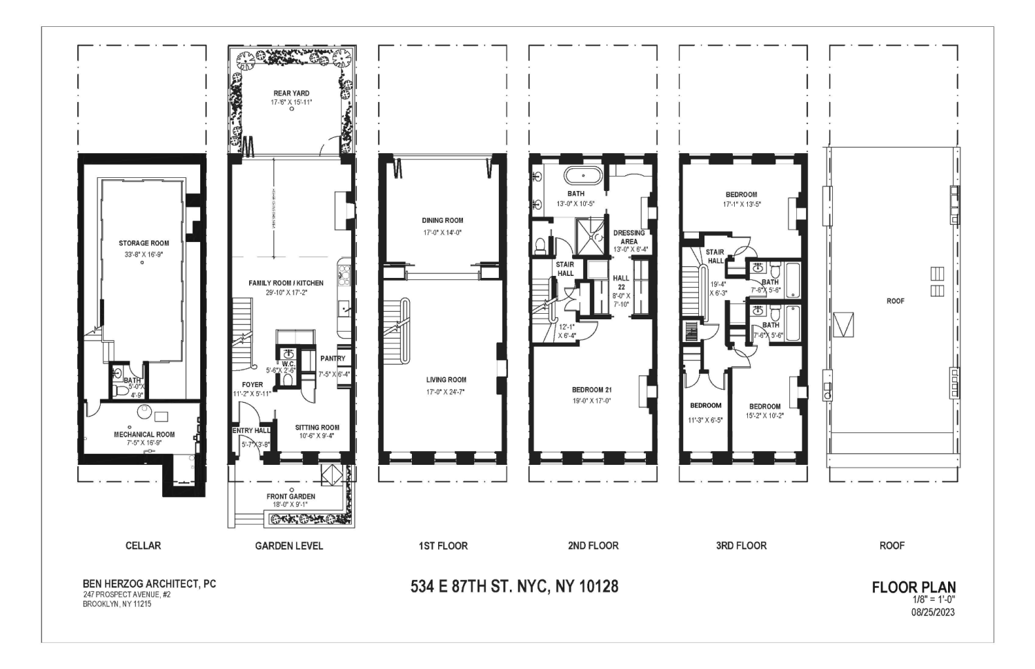 Floor plan for 534 E 87th St., showing the cellar, garden level, three floors, and roof.
