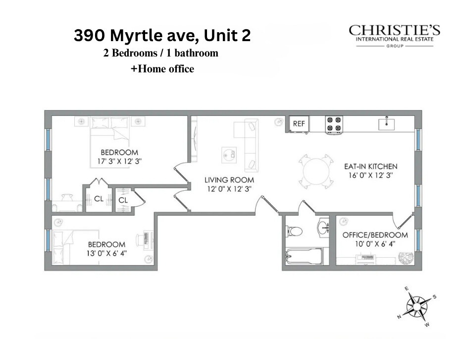 Floor plan for 390 Myrtle Ave, Unit 2, with two bedrooms and a home office.
