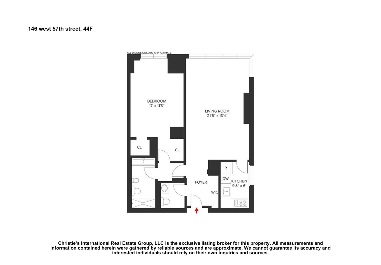 Floor plan for 146 West 57th Street, apartment 44F, with a bedroom, living room, and kitchen.