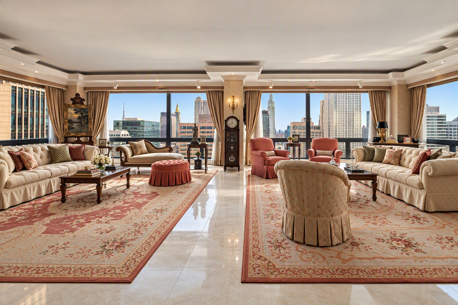 Formal living room with ornate rugs, cream sofas, and city skyline views through expansive windows.