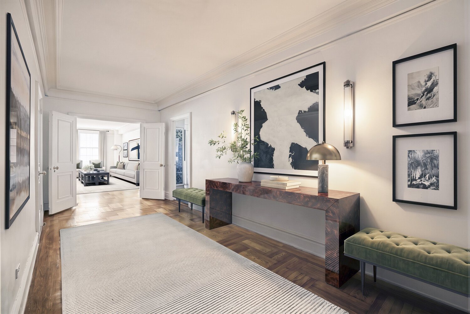 Staged apartment entry hall with a sculptural console, green benches, and open doors to the living room.