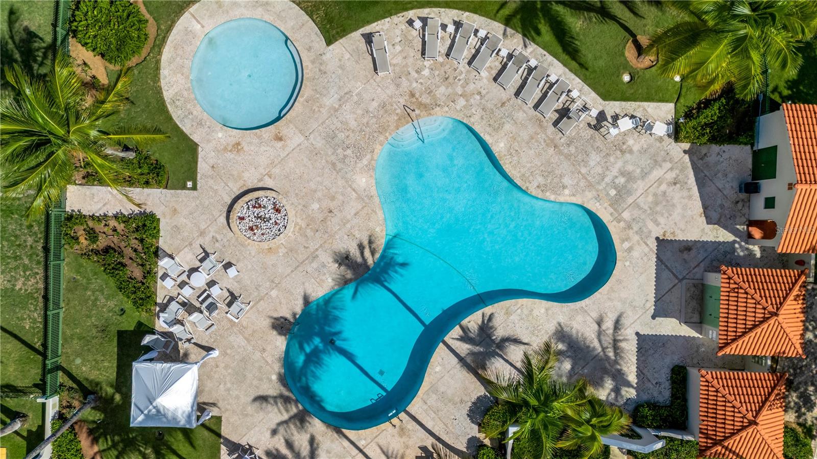 Aerial view of a freeform pool and smaller circular pool surrounded by loungers and palm trees.