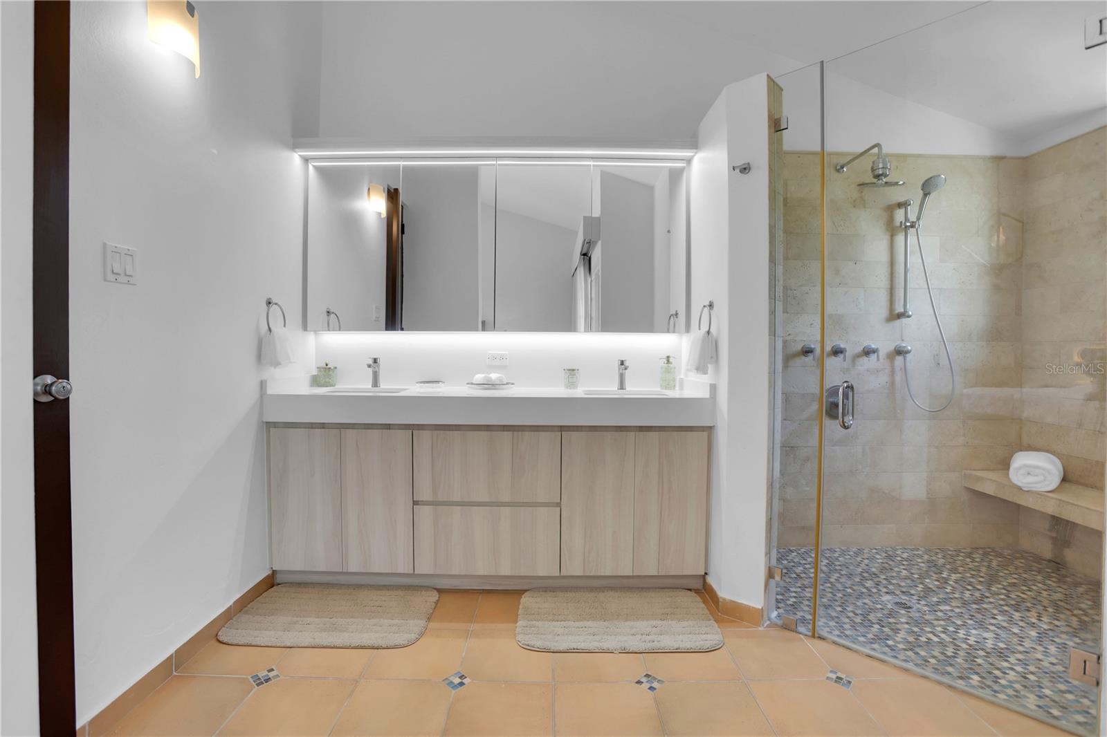 Modern bathroom with a double vanity and glass-enclosed walk-in shower.