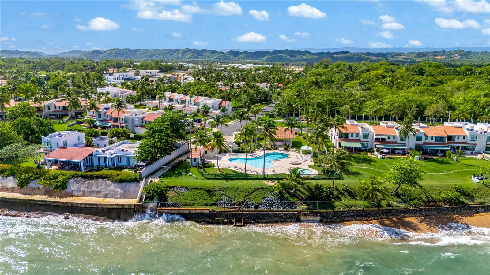 Aerial view of coastal homes and a pool beside the ocean, with palm trees and distant hills.