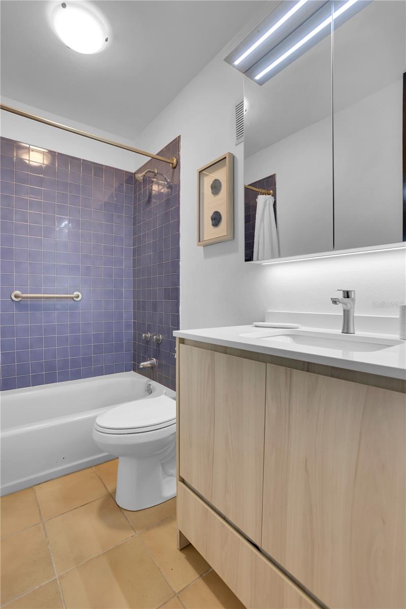 Bathroom with purple-tiled tub and shower beside a light wood vanity and mirrored cabinet.