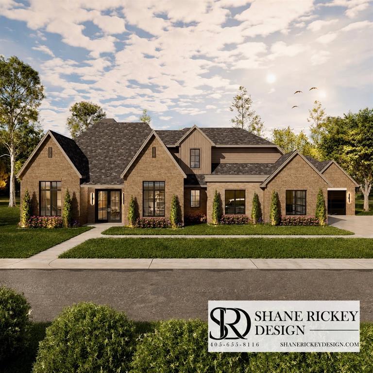 Brick house with multiple gables, dark-framed windows, and landscaped front lawn.