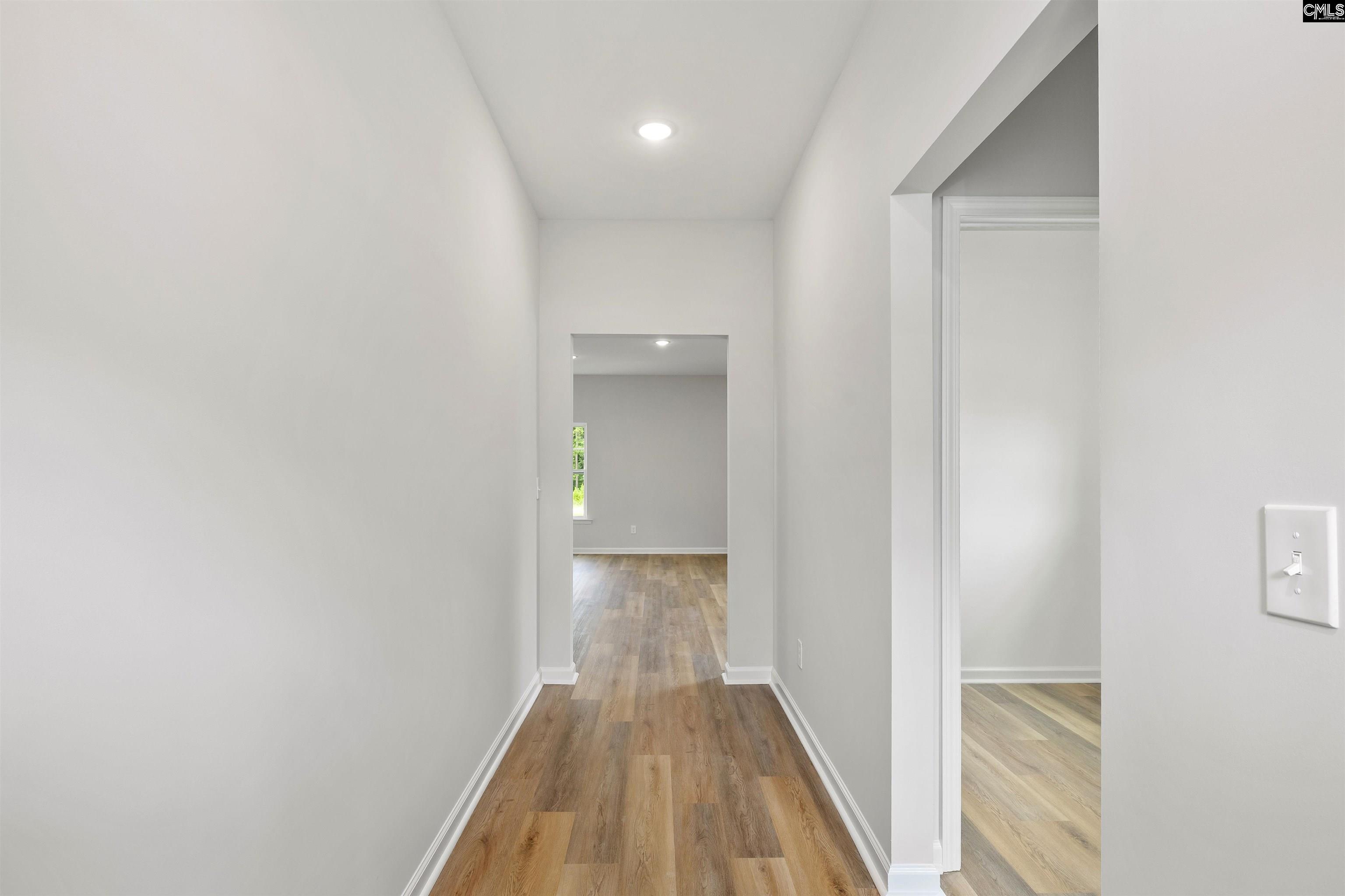 Hallway with wood-look plank flooring, gray walls, and doorways to adjoining rooms.