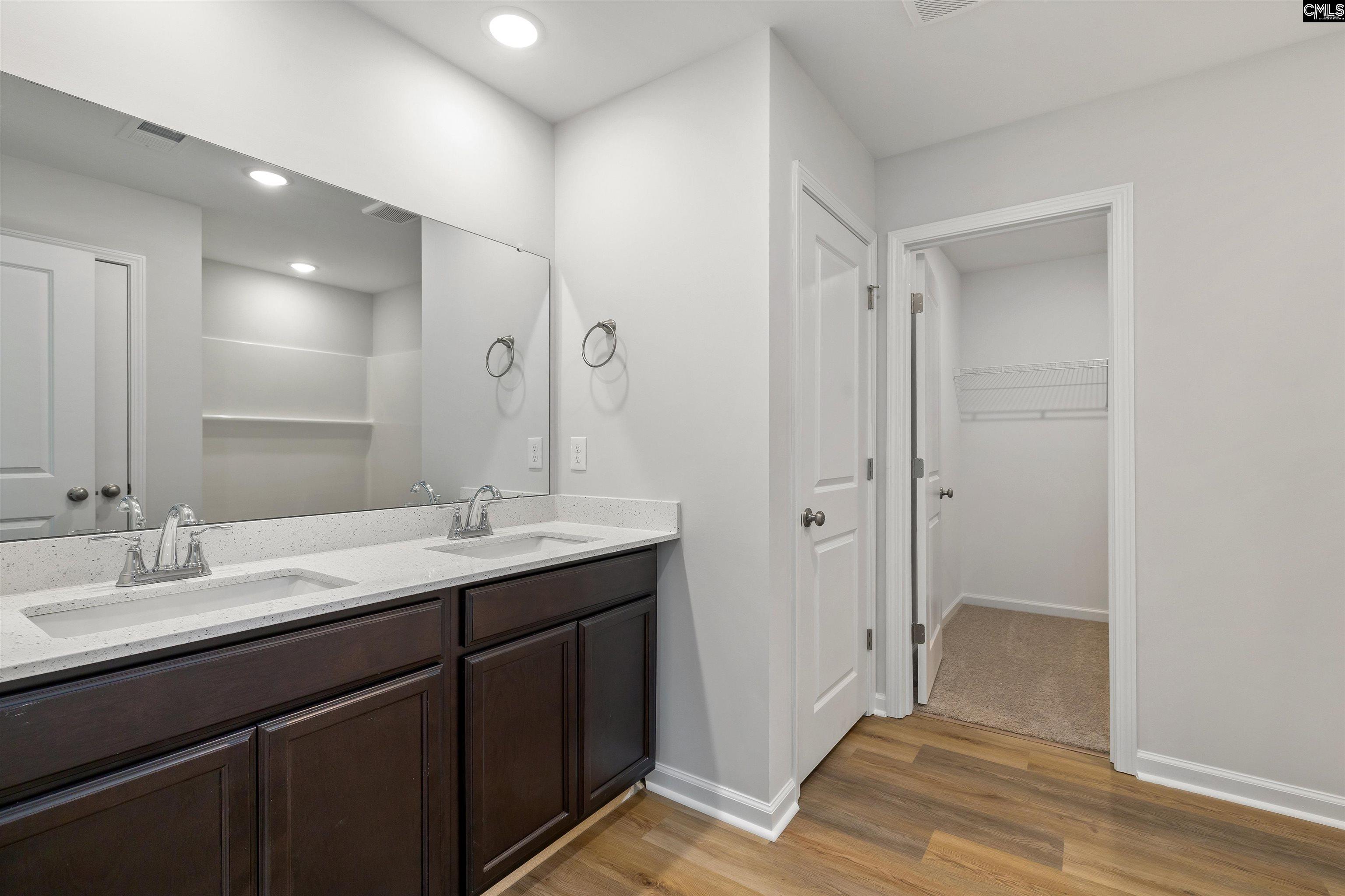 Bathroom with a double-sink vanity and an open doorway to a carpeted walk-in closet.