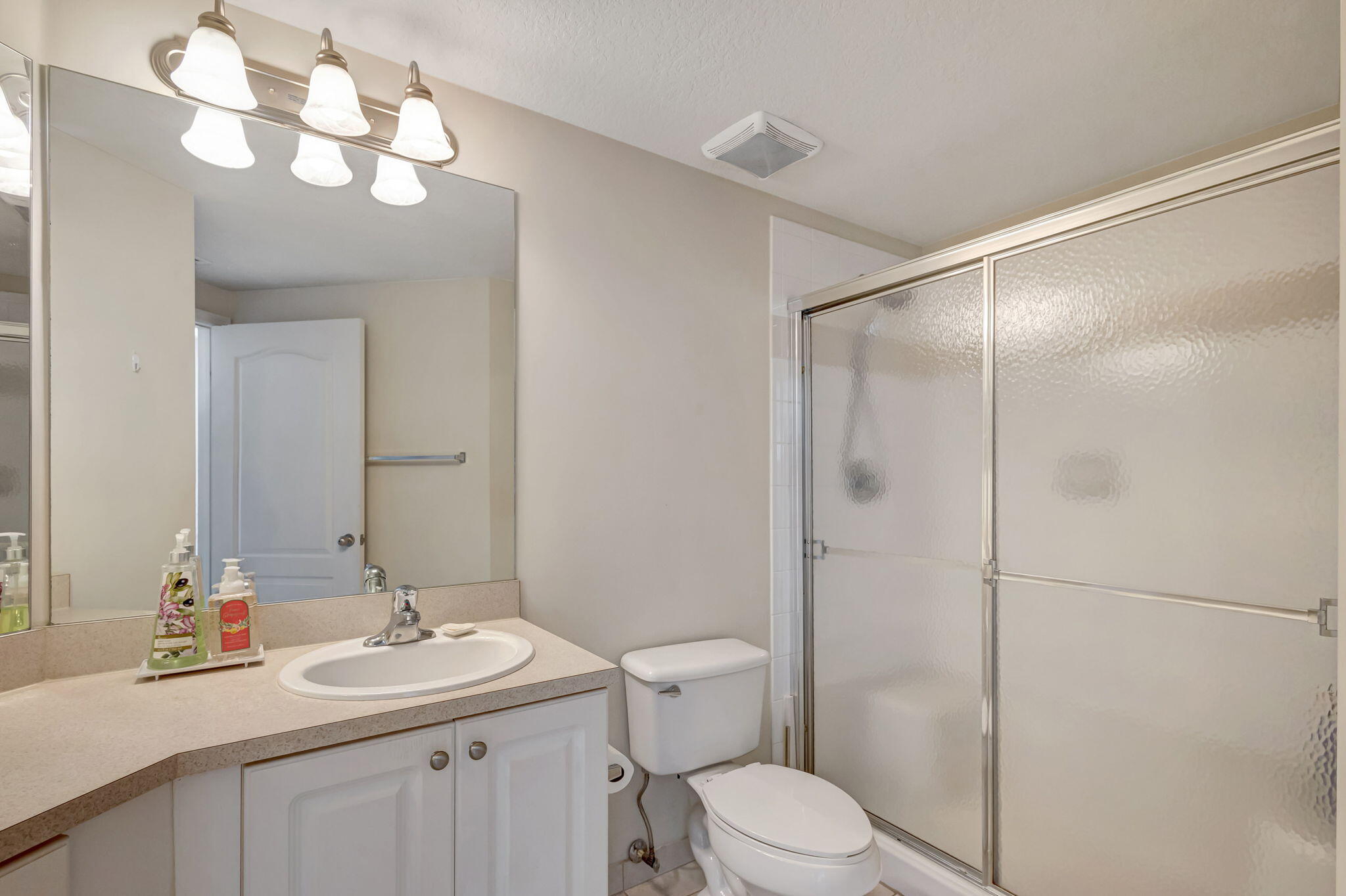 Bathroom with a white vanity, large mirror, toilet, and sliding frosted-glass shower.