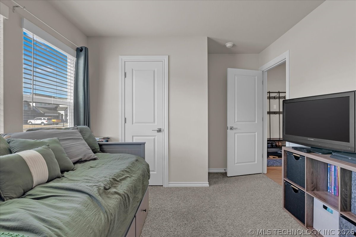 Furnished bedroom with a green daybed, television, carpet, and open closet.