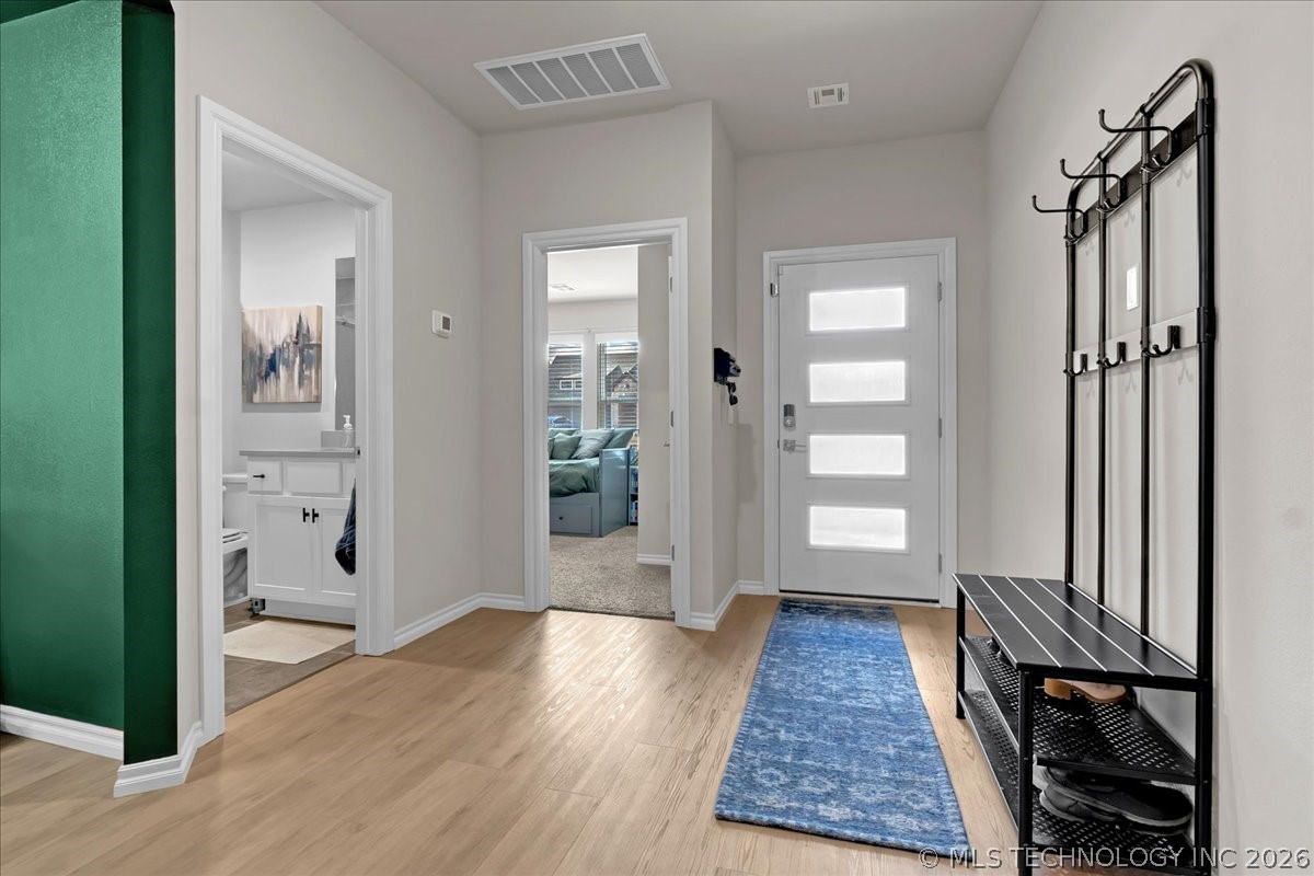 Entry hall with a blue runner, green accent wall, and white front door with four frosted-glass panels.