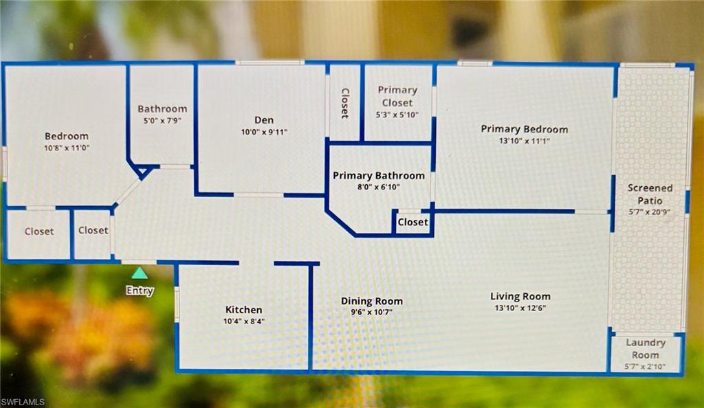 Floor plan of a two-bedroom condo with den, screened patio, and open living-dining area.