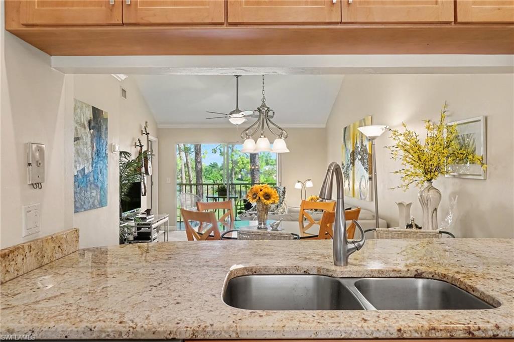 Kitchen with granite countertop and double sink overlooking a furnished dining area and leafy view.
