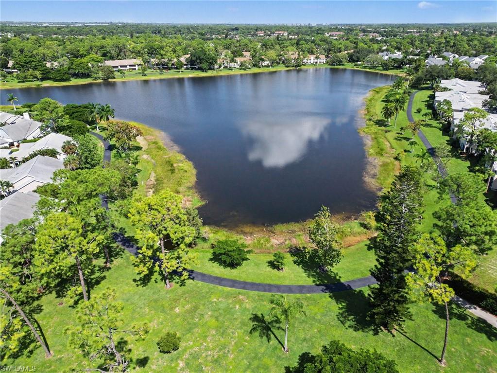 Aerial view of a community lake bordered by homes, palms, and a curving paved path.