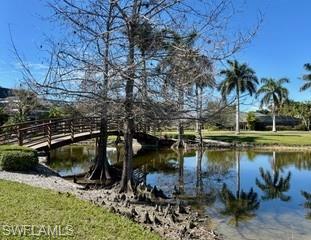 Landscaped pond and wooden footbridge framed by mature trees and palm trees.