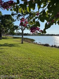 Grassy lakeside lawn beneath flowering trees, with water stretching across the background.