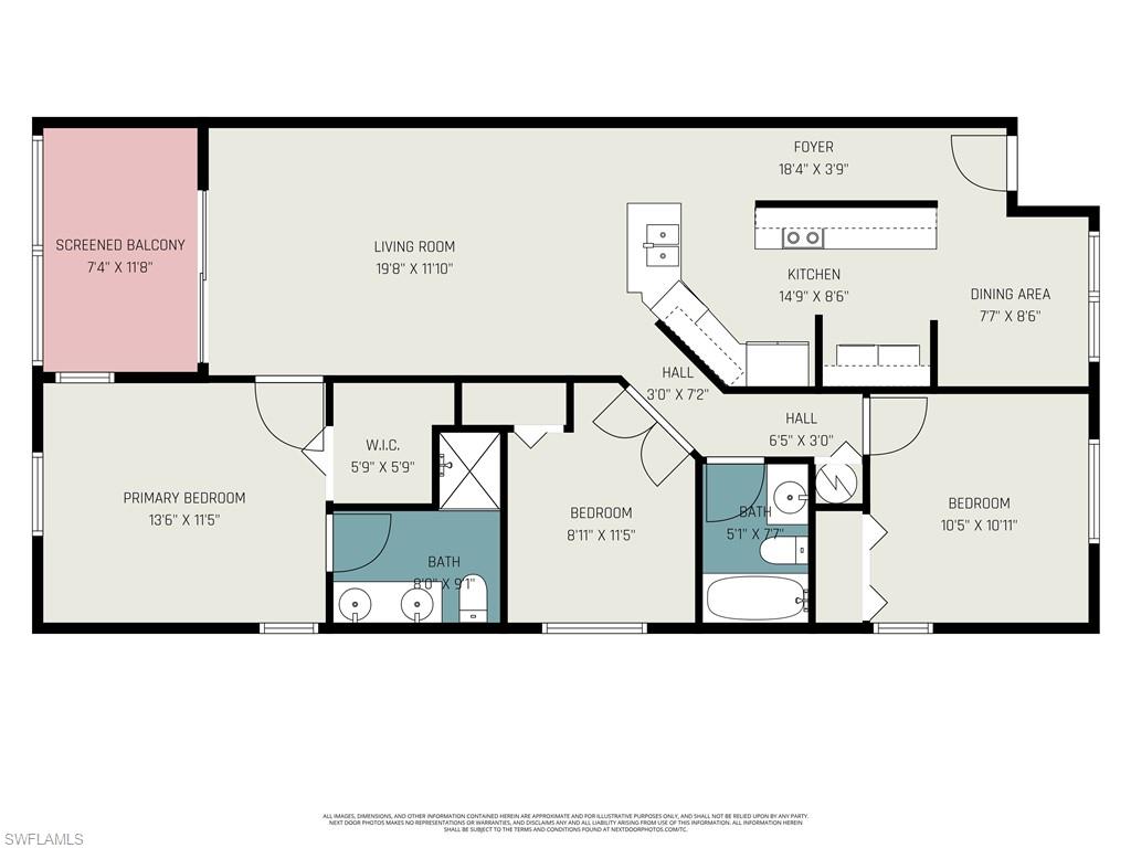 Floor plan of a three-bedroom residence with two bathrooms and a screened balcony.