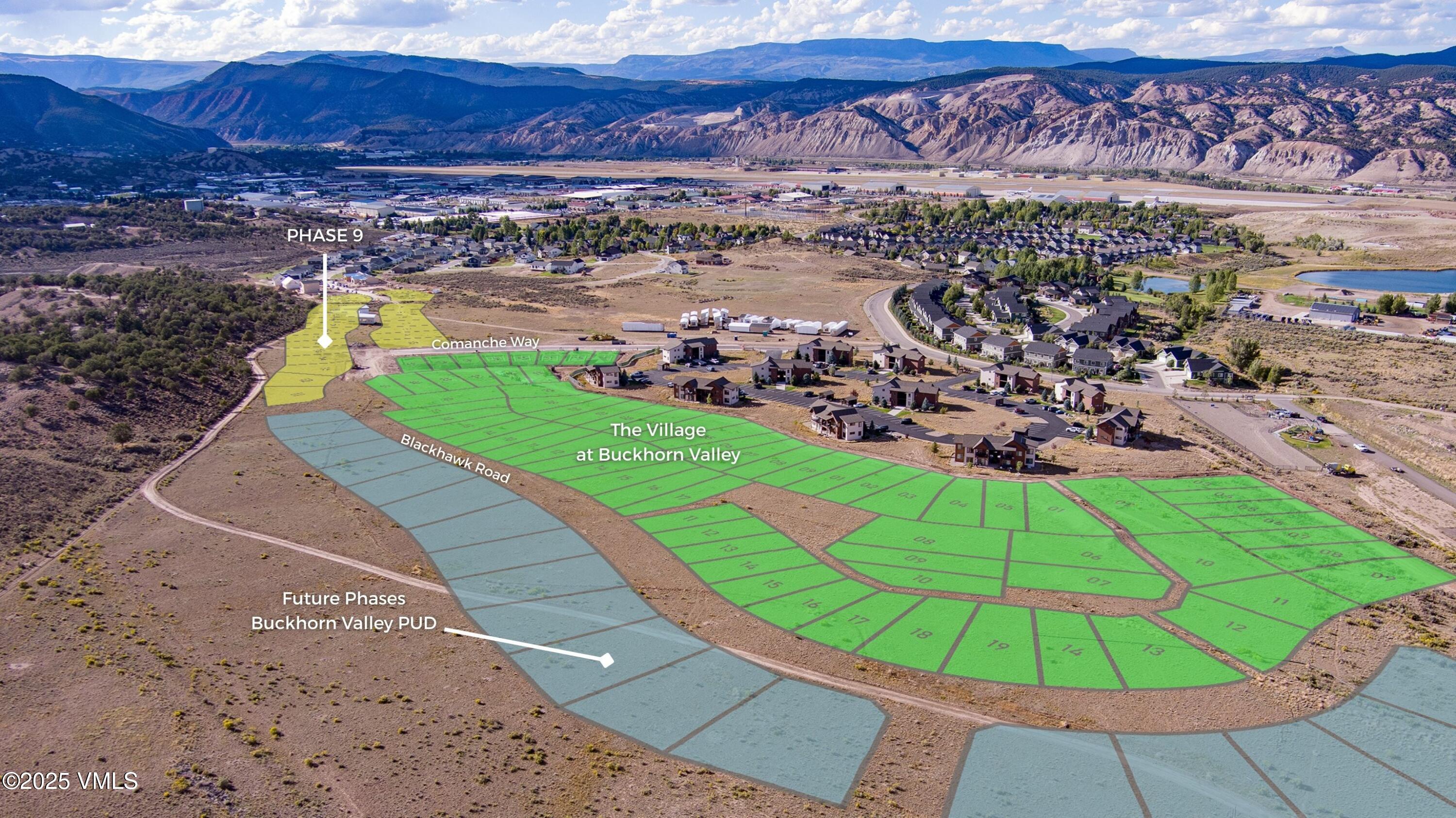 Aerial map of Buckhorn Valley lots, with Phase 9 marked along Comanche Way.