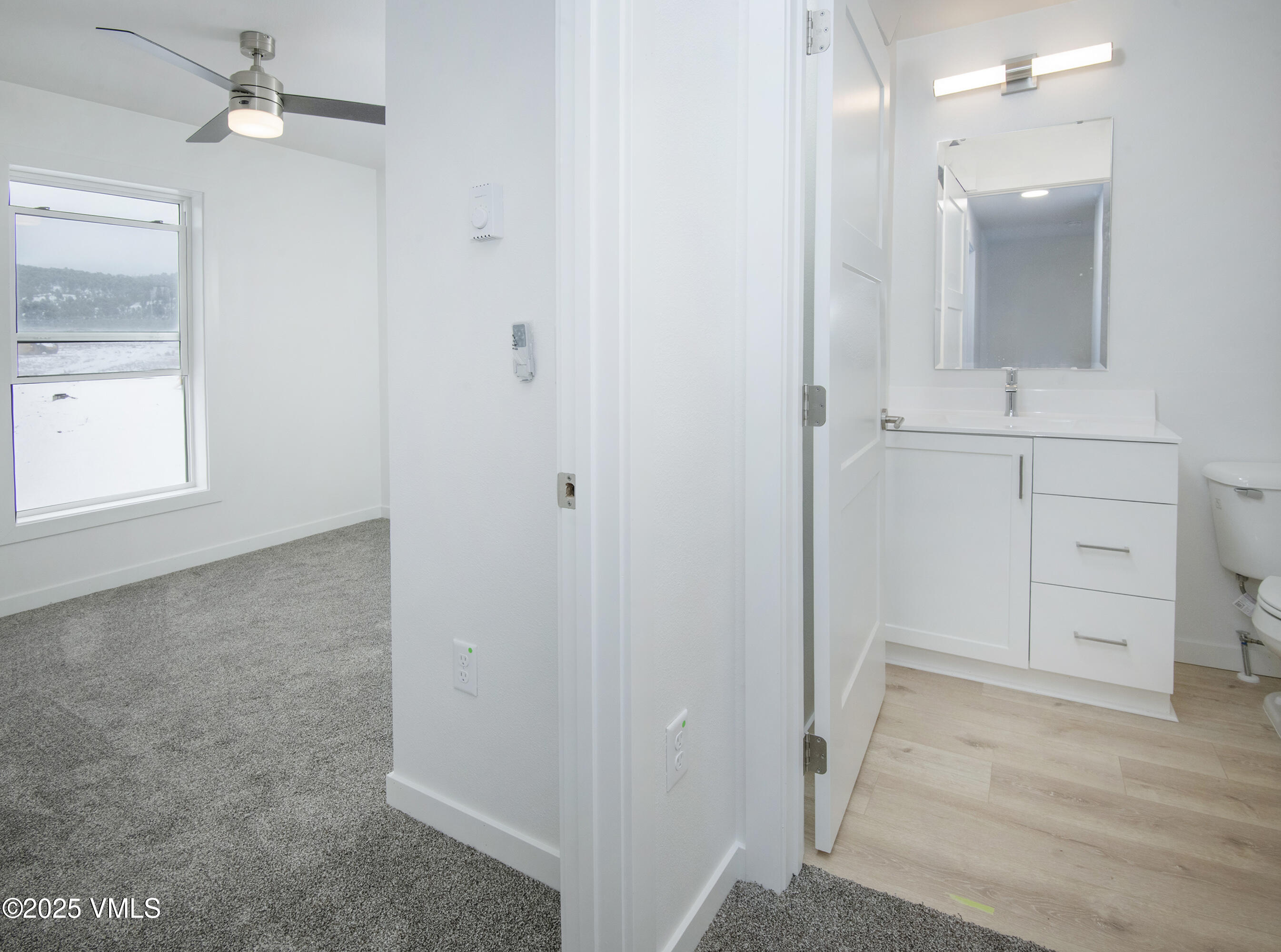 Vacant bedroom with gray carpet and ceiling fan, opening into a bright bathroom with a white vanity.