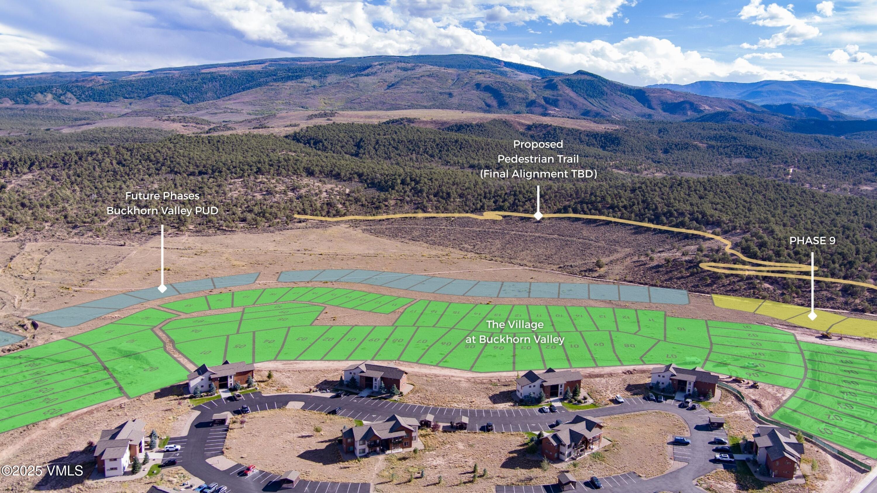 Aerial view of Buckhorn Valley development and surrounding mountains, with proposed lots and trail marked in color.
