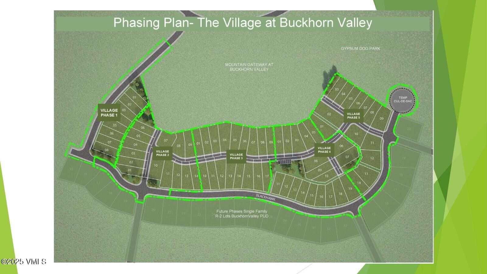 Phasing plan map of The Village at Buckhorn Valley showing five development phases and numbered lots.