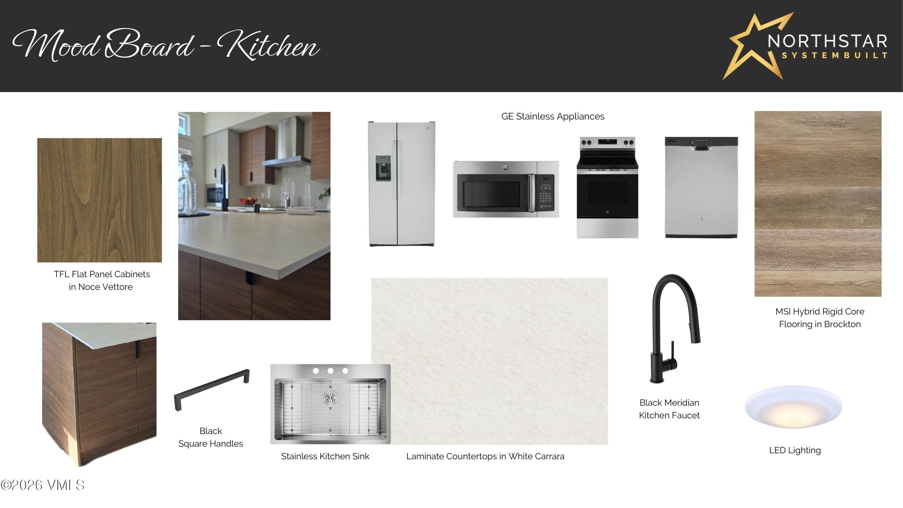 Kitchen mood board showing cabinet finishes, appliances, flooring, countertops, sink, faucet, handles, and lighting.
